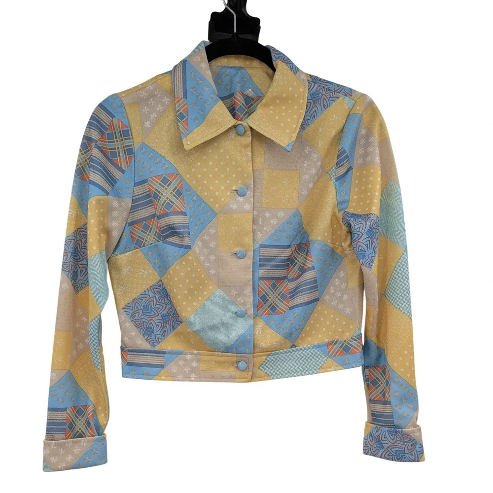Tradwife 1970s Mod Blue Yellow Patchwork Vintage Retro 12 Dress & Jacket Set